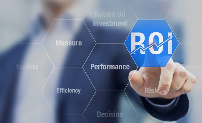 Businessman using ROI Return on Investment indicator for improving business performance
